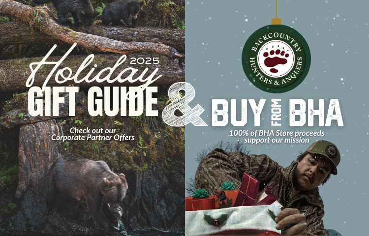 2025 Holiday Gift Guide and Buy From BHA. A bear eats a fish with her two cubs overlooking. A man pulls presents from a bag.